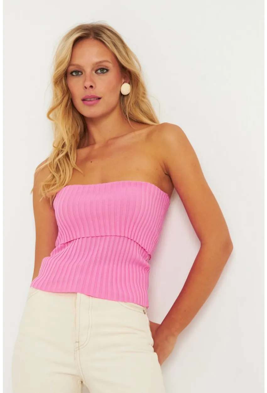 Kadın Pembe Straplez Triko Bluz YV240