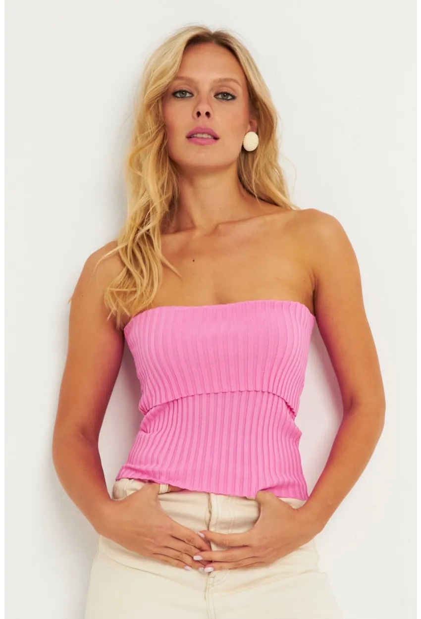 Kadın Pembe Straplez Triko Bluz YV240