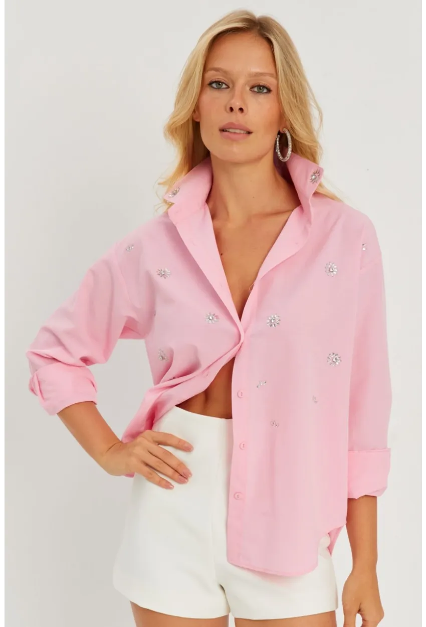 Kadın Pembe Taşlı Gömlek SF2550