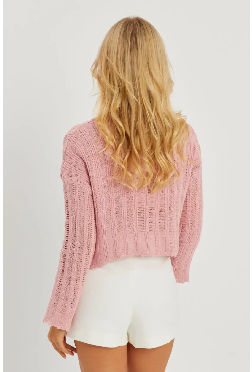 Kadın Pembe V Yaka Ajurlu Triko Bluz YV233