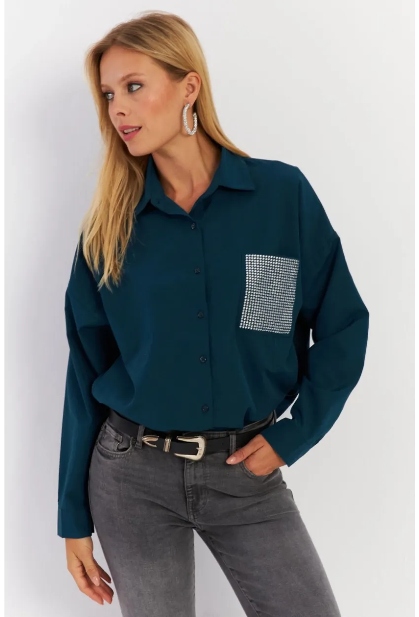 Kadın Petrol Cepli Taşlı Gömlek MZER414
