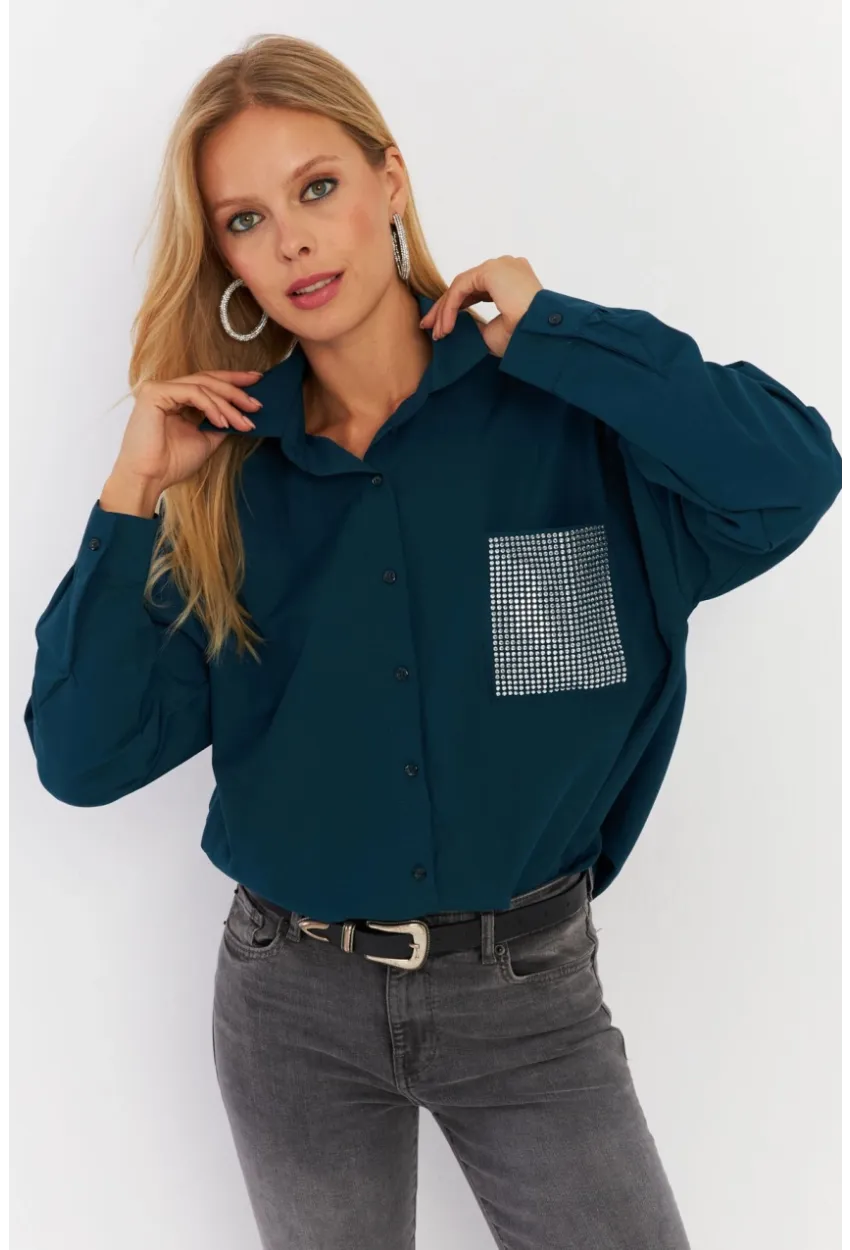 Kadın Petrol Cepli Taşlı Gömlek ZER414