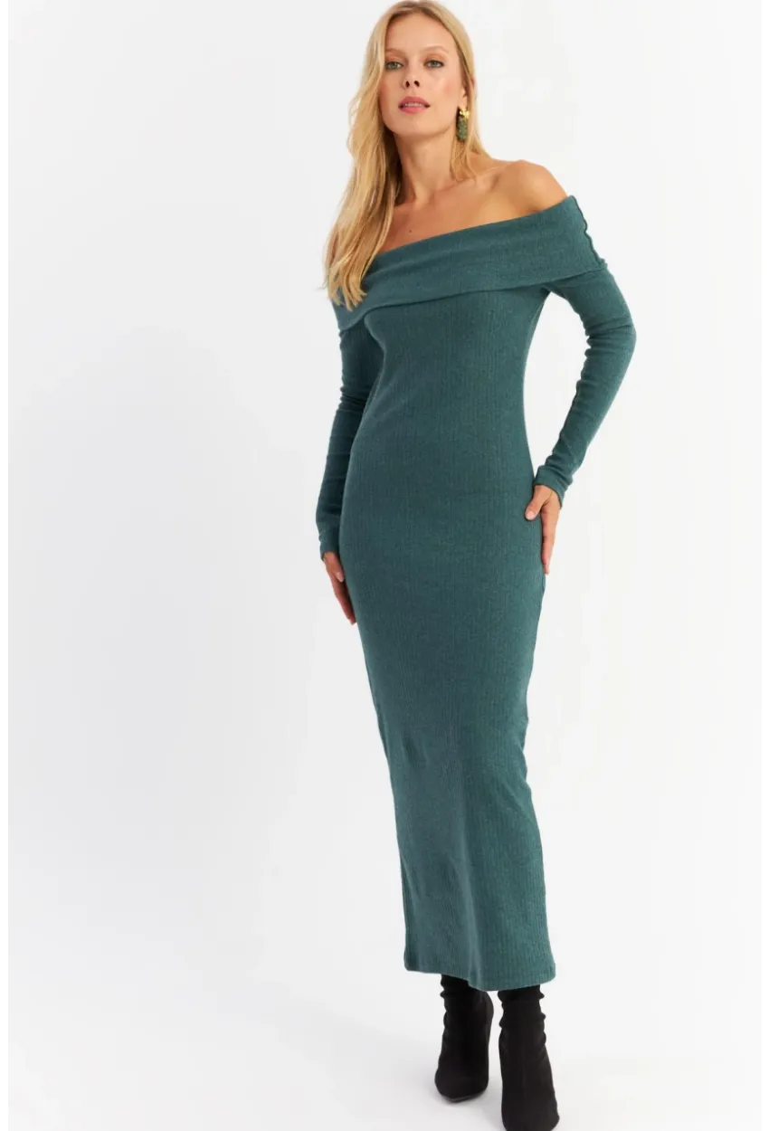 Kadın Petrol Madonna Yaka Kaşkorse Maxi Elbise HOL1