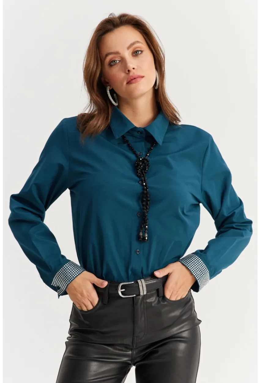 Kadın Petrol Manşeti Taşlı Gömlek ZER415