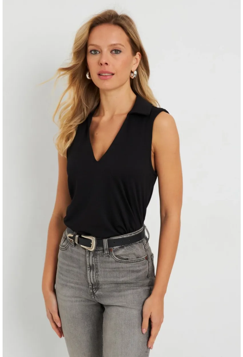 Kadın Polo Yaka Bluz Siyah AYD276