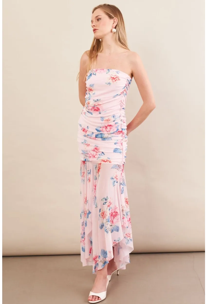 Kadın Pudra Drapeli Straplez Midi Tül Elbise ERL101