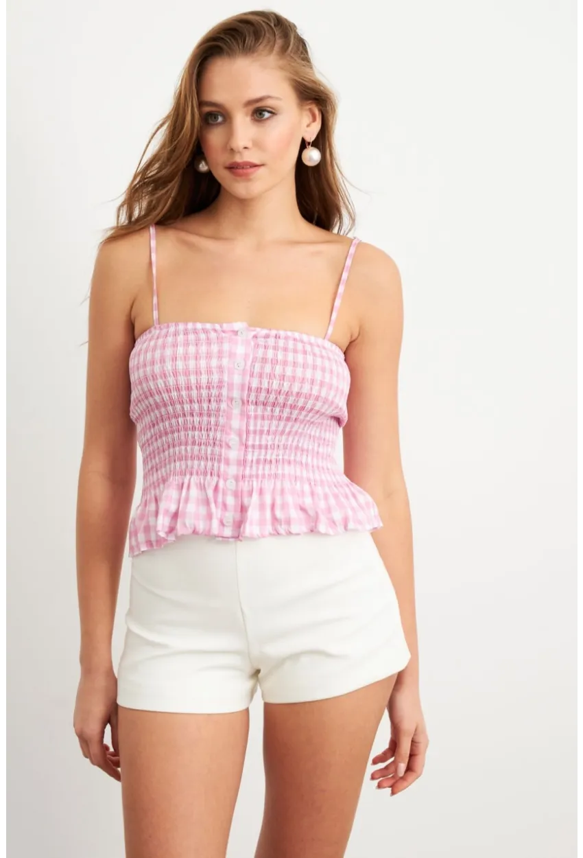 Kadın Pudra Ekose Lastikli Crop Bluz MTK13397