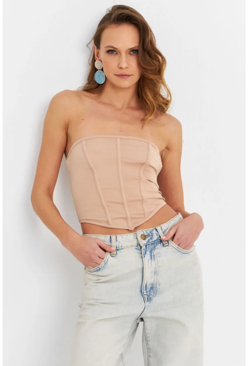 Kadın Pudra Straplez Crop Bluz B6081