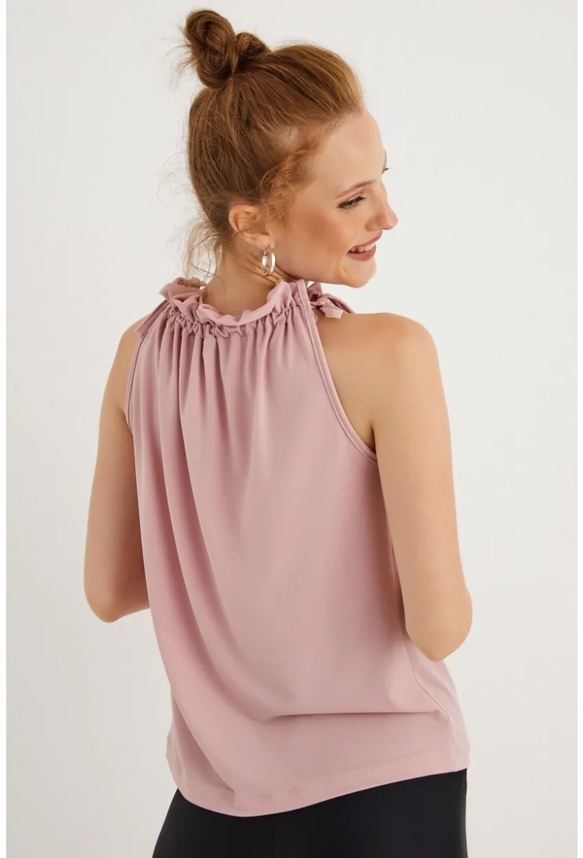 Kadın Pudra Yakası Fırfırlı Kolsuz Bluz BTH01