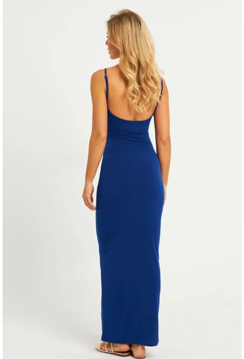 Kadın Saks Ayarlanabilir Askılı Maxi Elbise MEN2004