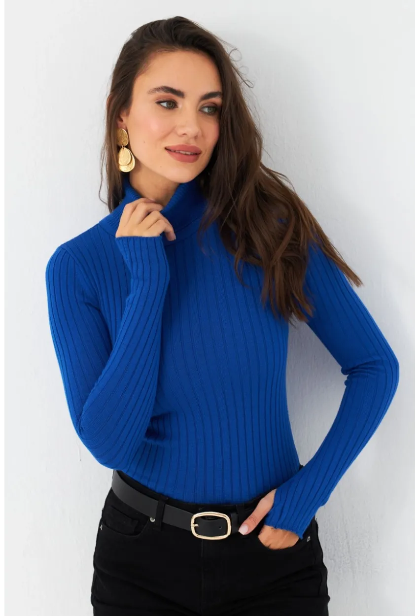 Kadın Saks Balıkçı Yaka Triko Bluz YV102-90