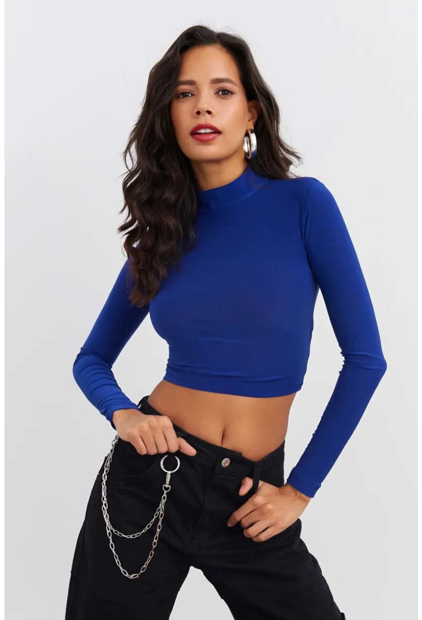 Kadın Saks Beli Açık Crop Bluz GÇ115