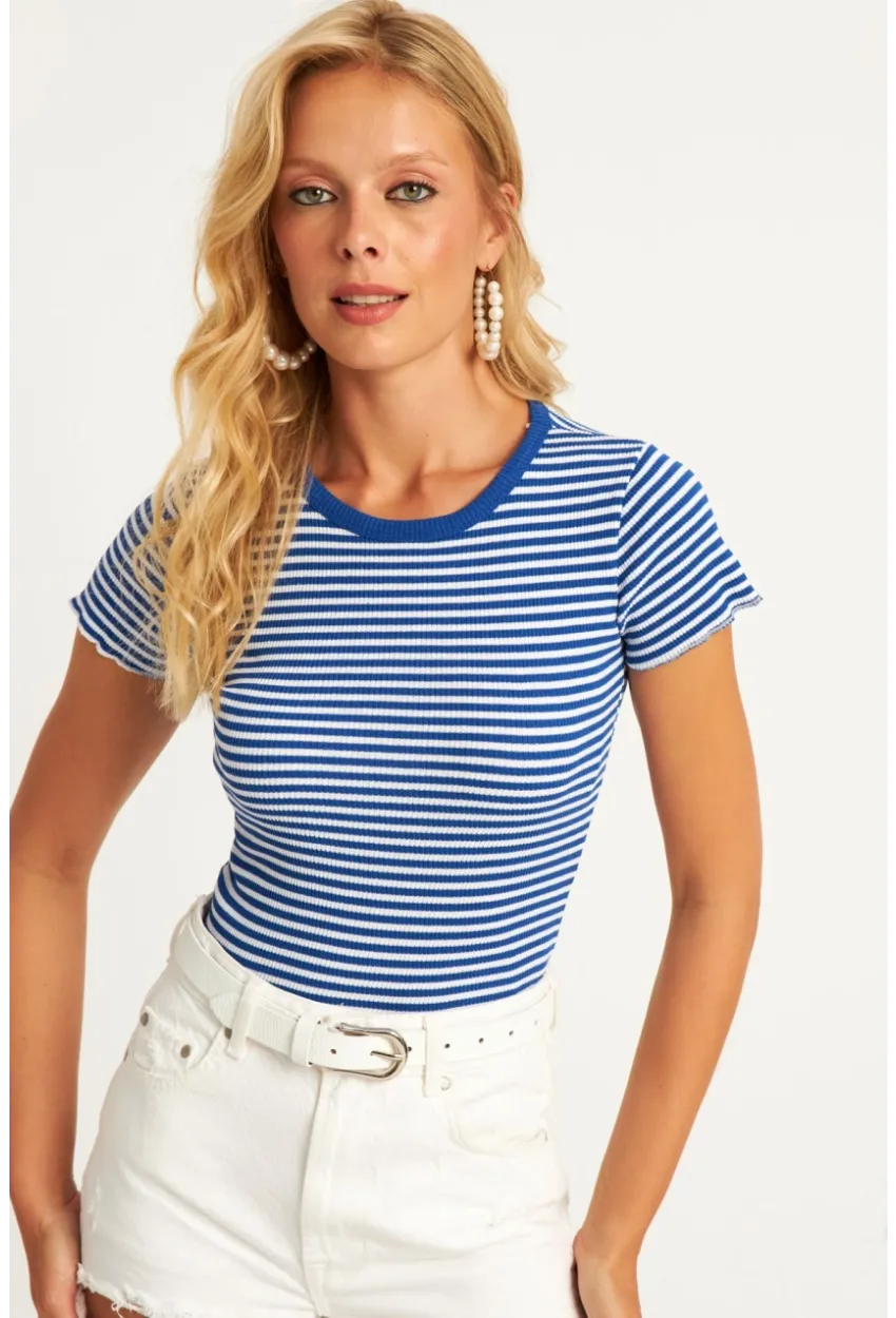 Kadın Saks-Beyaz Çizgili Bluz XL2005