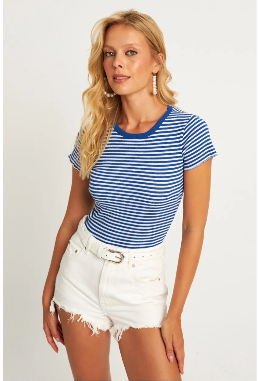 Kadın Saks-Beyaz Çizgili Bluz XL2005