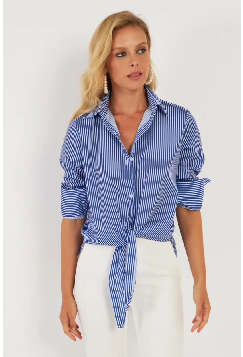 Kadın Saks Çizgili Gömlek ZER408