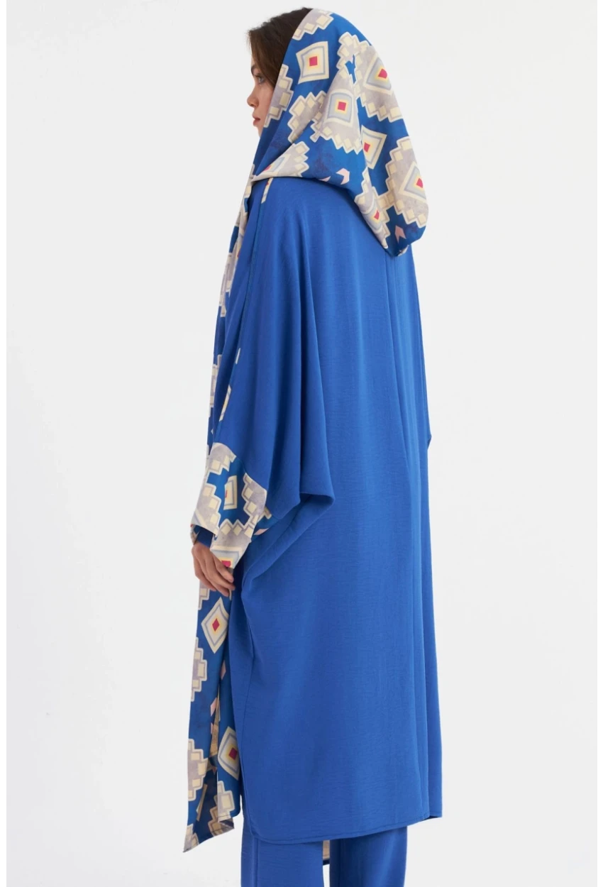 Kadın Saks Desenli Kapüşonlu Kaftan GÇ193