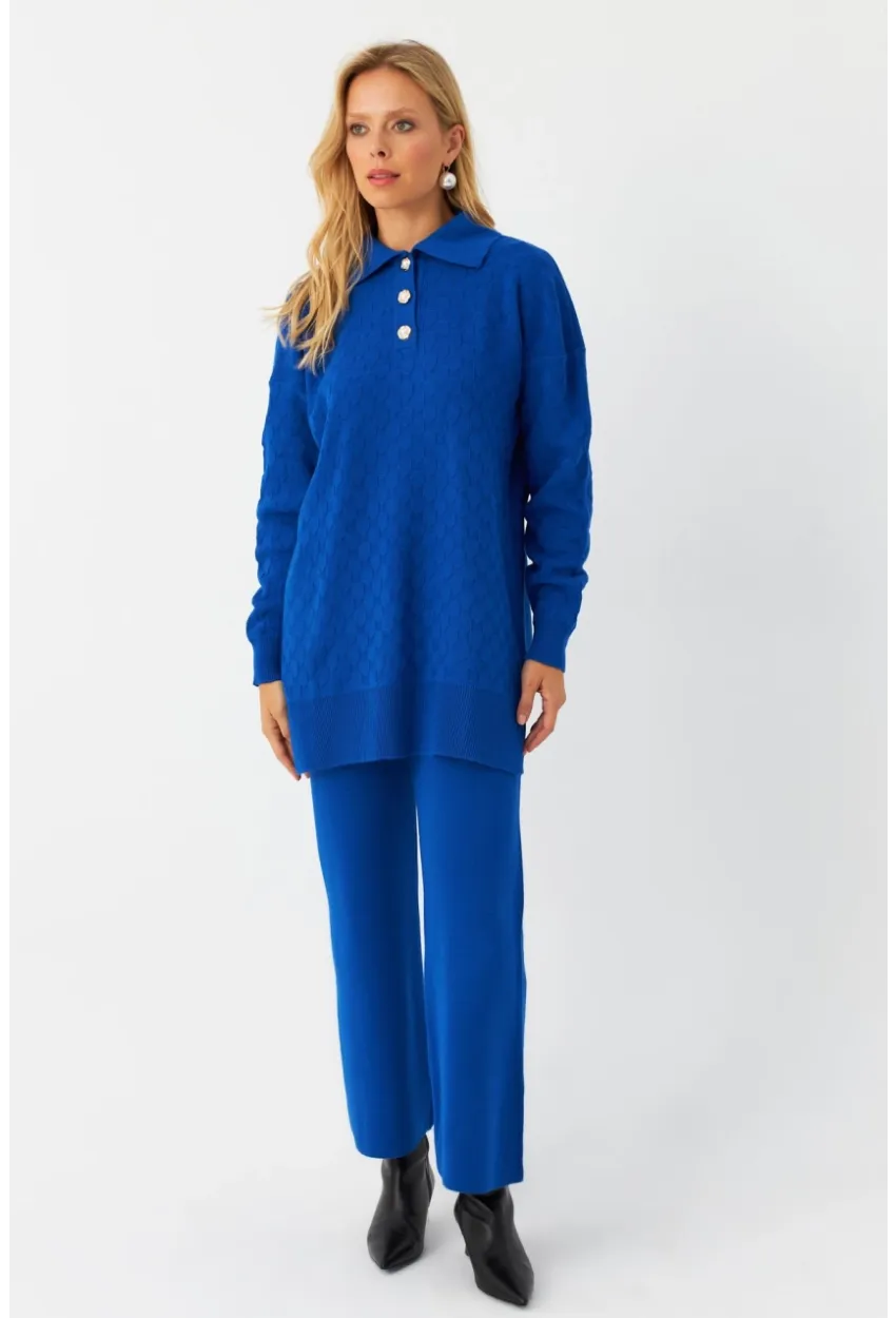 Kadın Saks İnci Düğmeli Triko Alt Üst Takım MNUV33