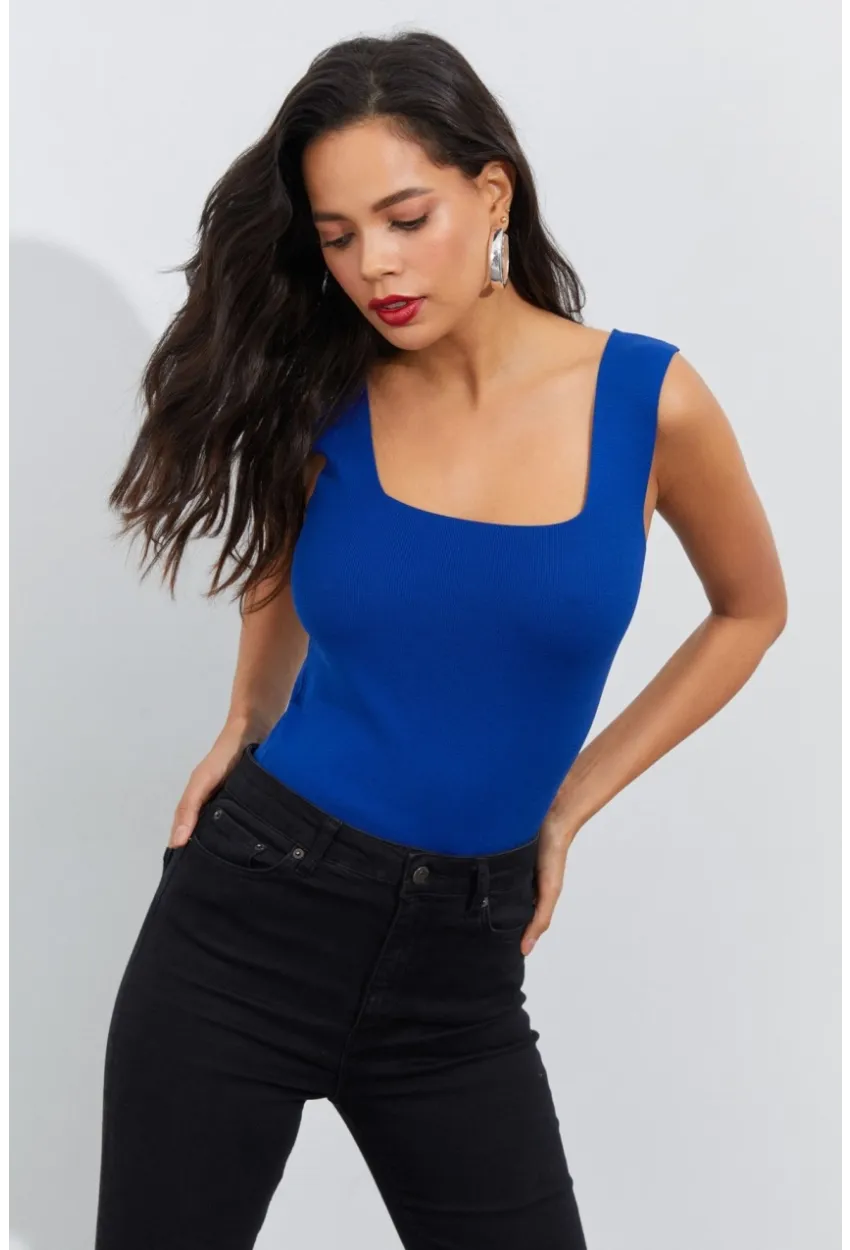 Kadın Saks Kare Yaka Triko Bluz YV87