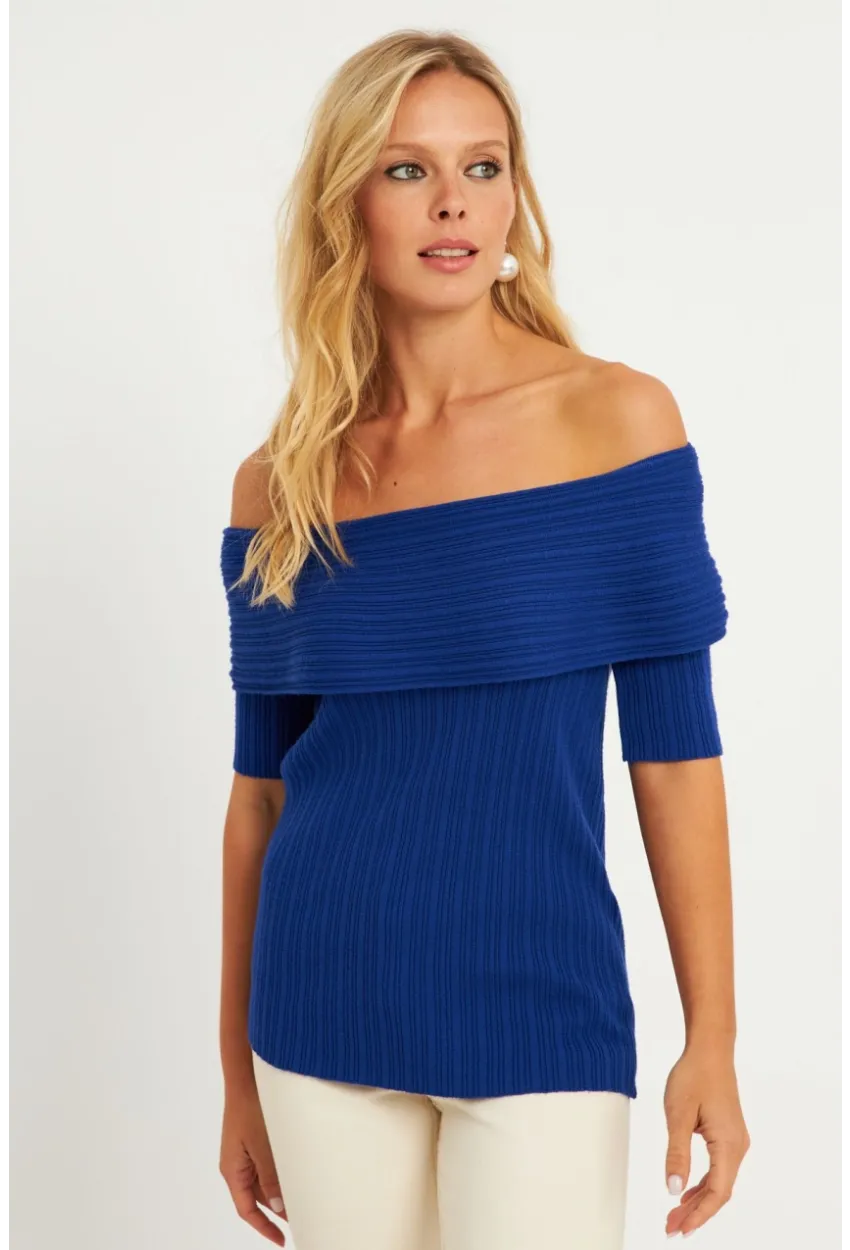 Kadın Saks Madonna Yaka Triko Bluz KZ538