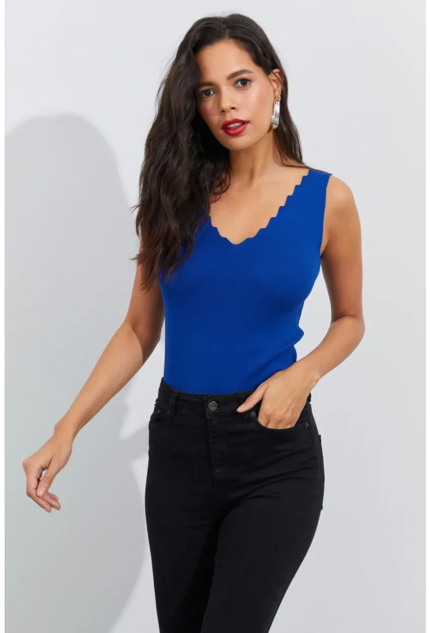 Kadın Saks Merdiven Yaka Triko Bluz YV83