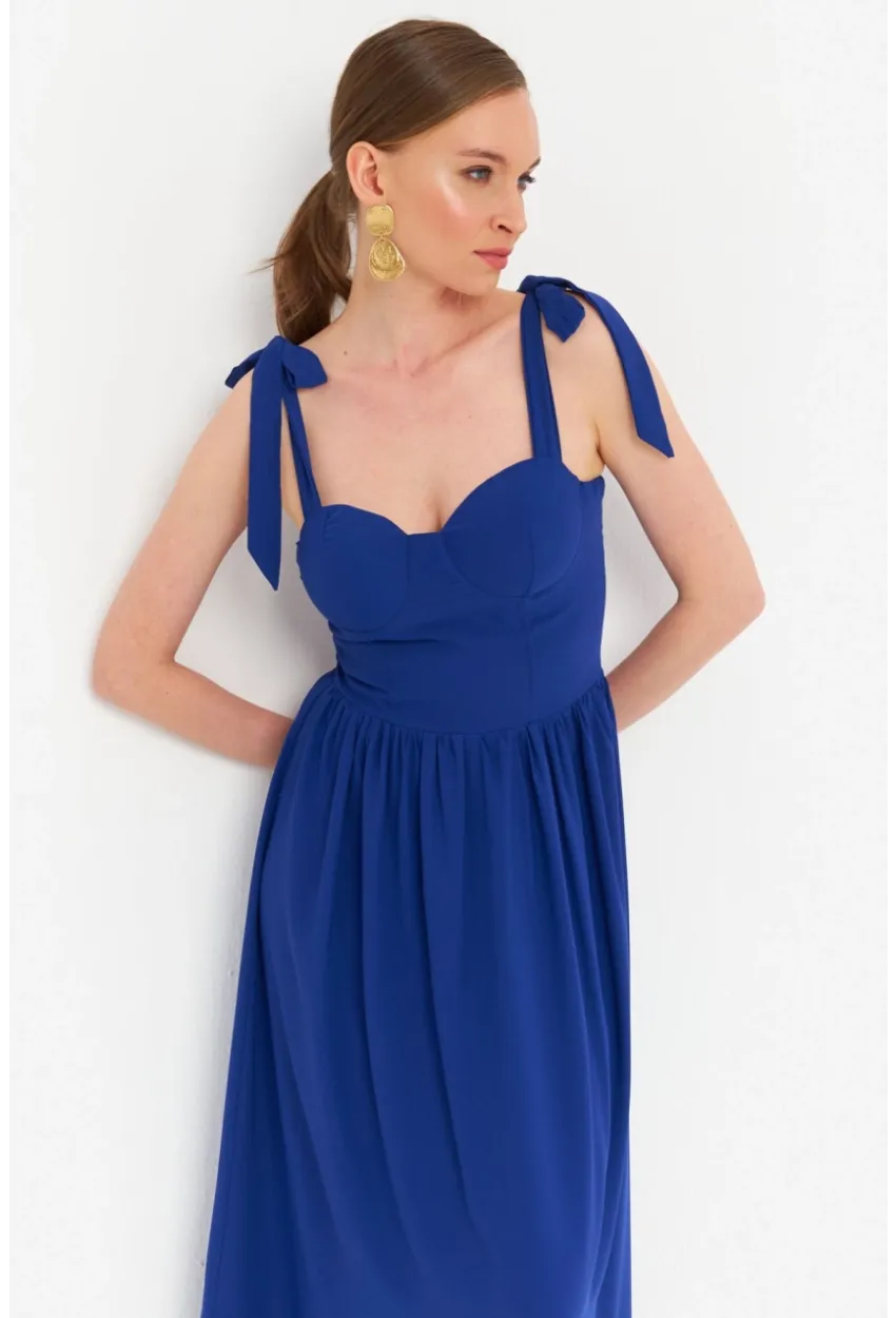 Kadın Saks Pileli Maxi Elbise ERL100