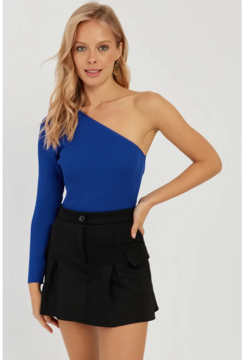 Kadın Saks Tek Omuz Triko Bluz YV204