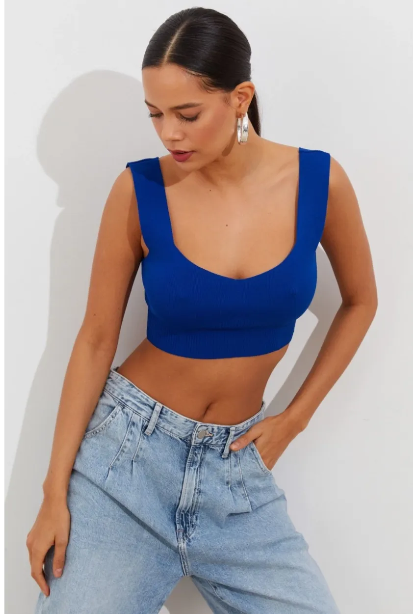 Kadın Saks Triko Crop Atlet YV118