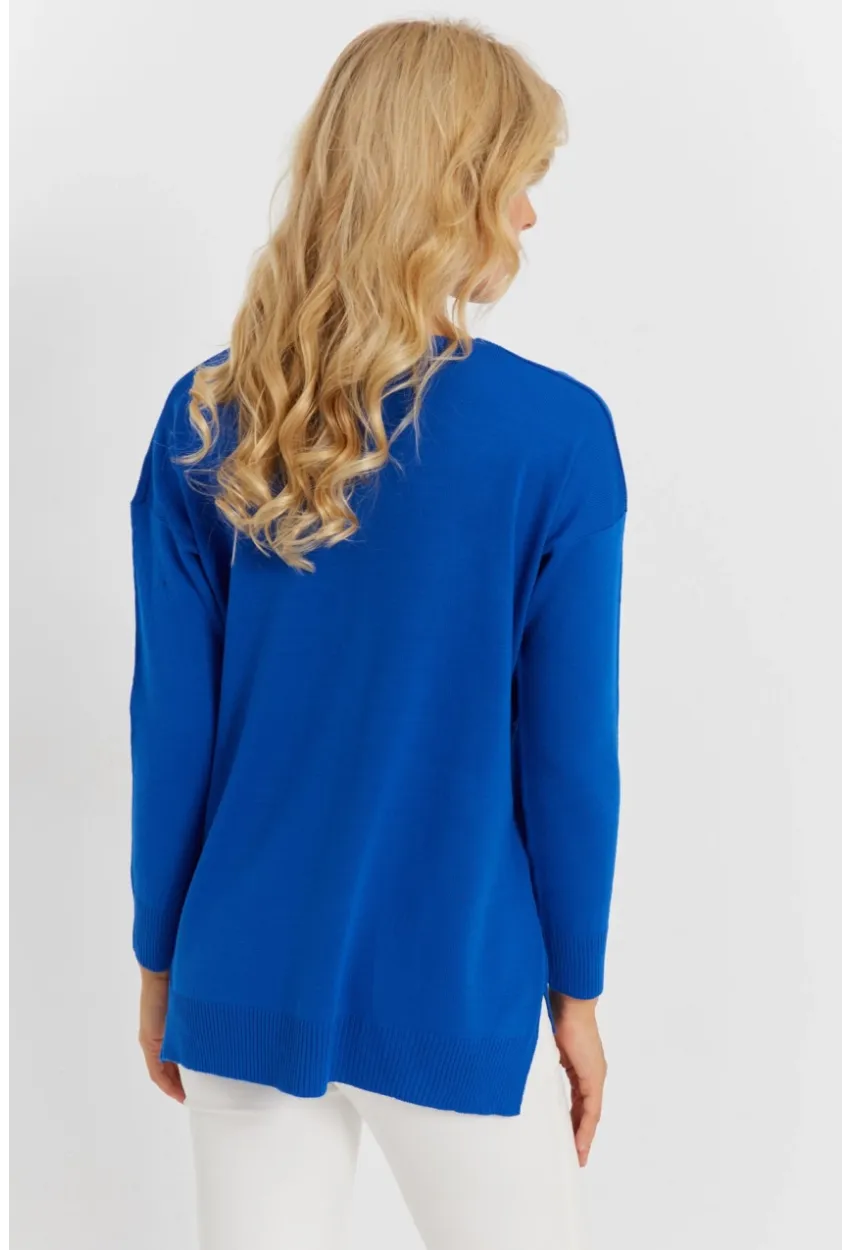 Kadın Saks V Yaka Triko Kazak YİL549