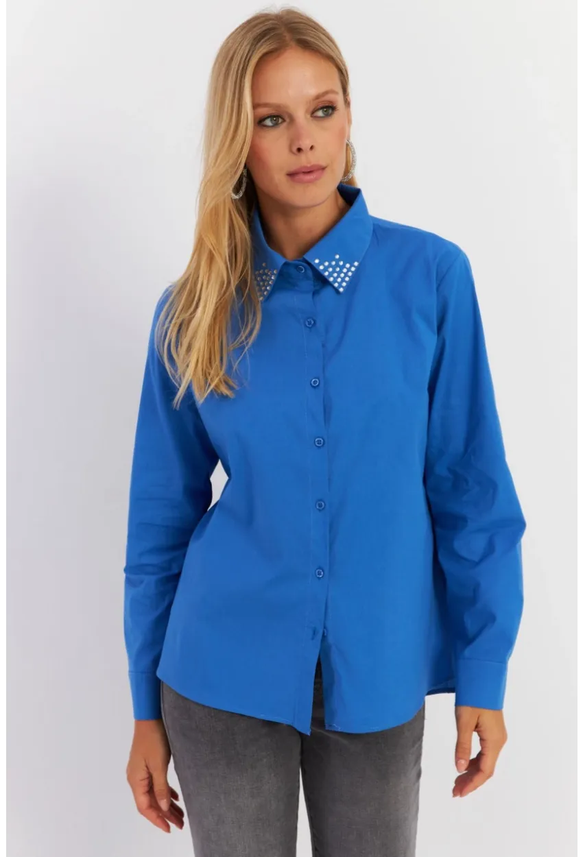 Kadın Saks Yakası Taşlı Gömlek ZER413