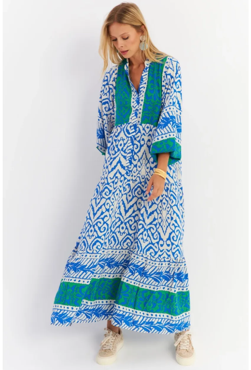 Kadın Saks-Yeşil Volanlı Maxi Elbise MALO11