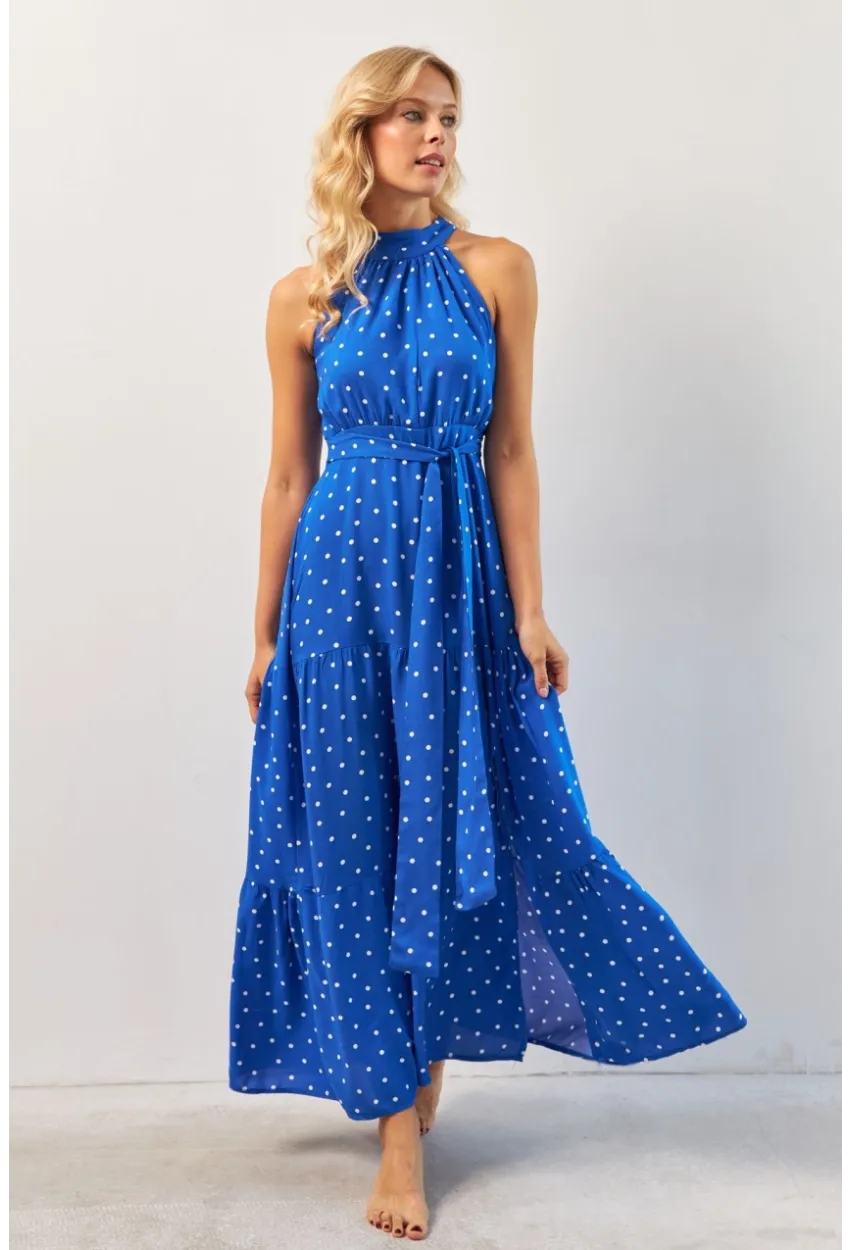 Kadın Saks Yırtmaçlı Puantiyeli Midi Elbise KED4233