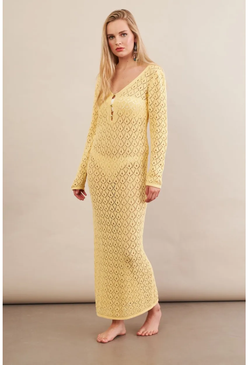 Kadın Sarı Aksesuarlı Triko Plaj Elbisesi KZ3237-90