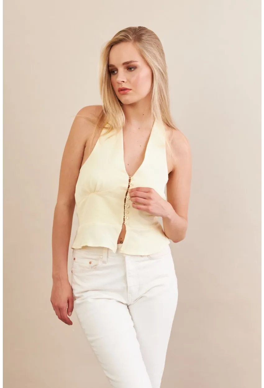 Kadın Sarı Boyun Bağlamalı Keten Yelek FS129