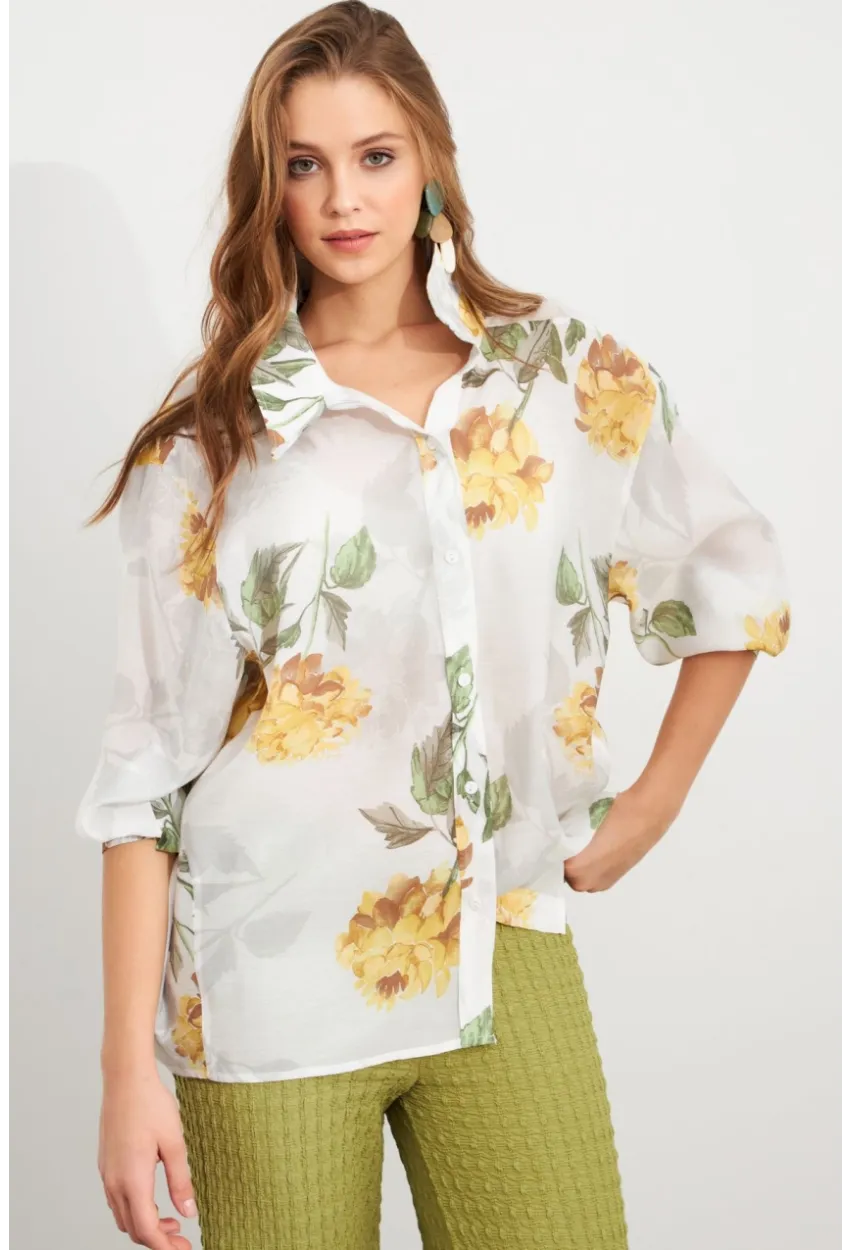 Kadın Sarı Çiçek Desenli İnce Keten Gömlek MCAR1068