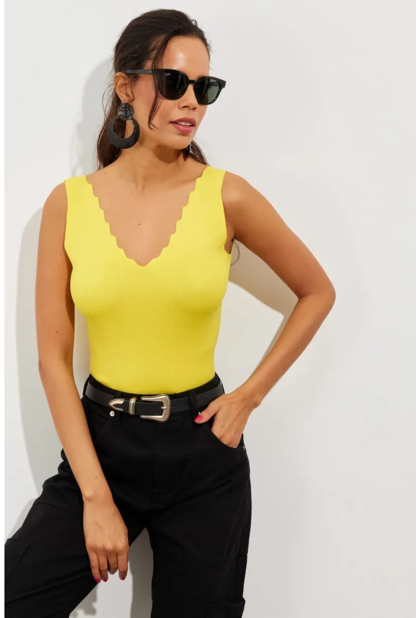 Kadın Sarı Merdiven Yaka Triko Bluz YV83