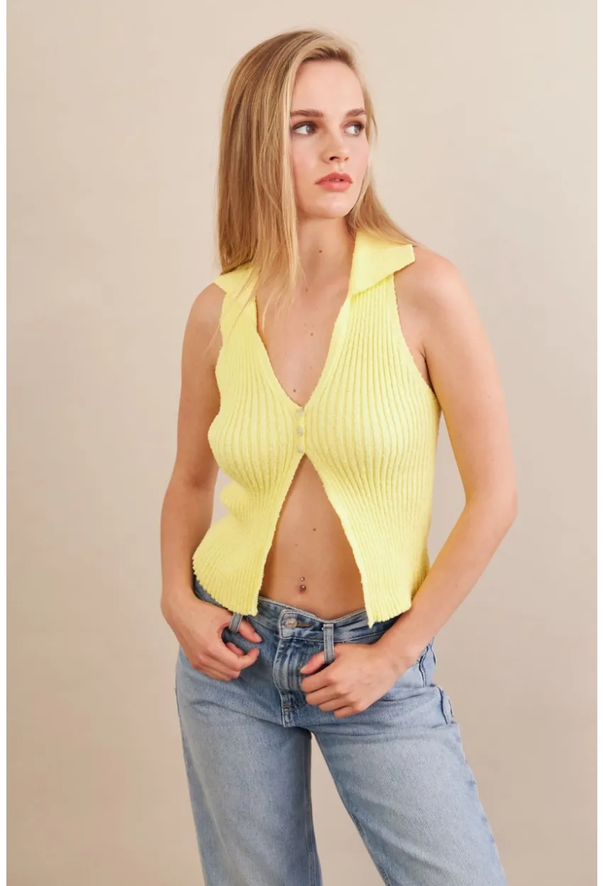 Kadın Sarı Polo Yaka Yumoş Yelek ZH050