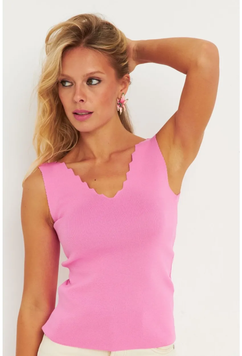 Kadın Şeker Pembe Merdiven Yaka Triko Bluz YV83