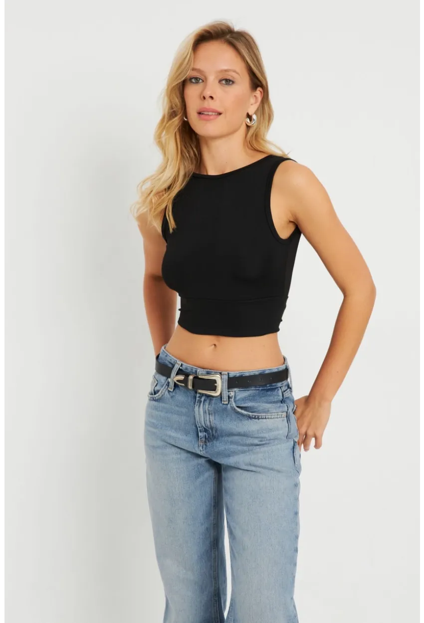 Kadın Sırt Bağlamalı Crop Bluz Siyah EY2733