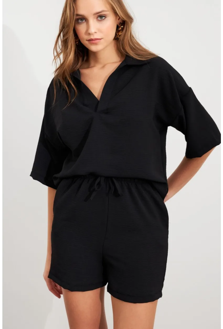 Kadın Siyah Aerobin Şort Takım Q1005