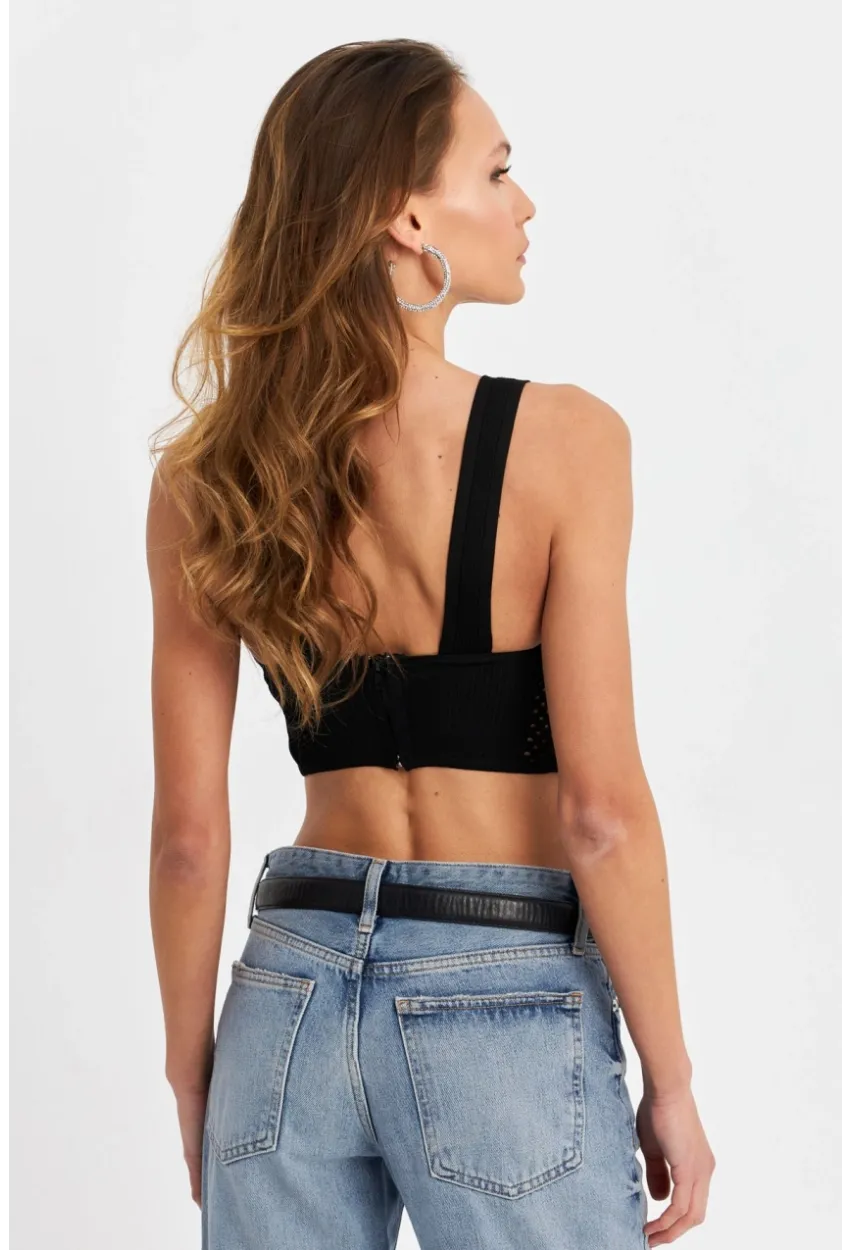 Kadın Siyah Ajurlu Crop Bluz SB030