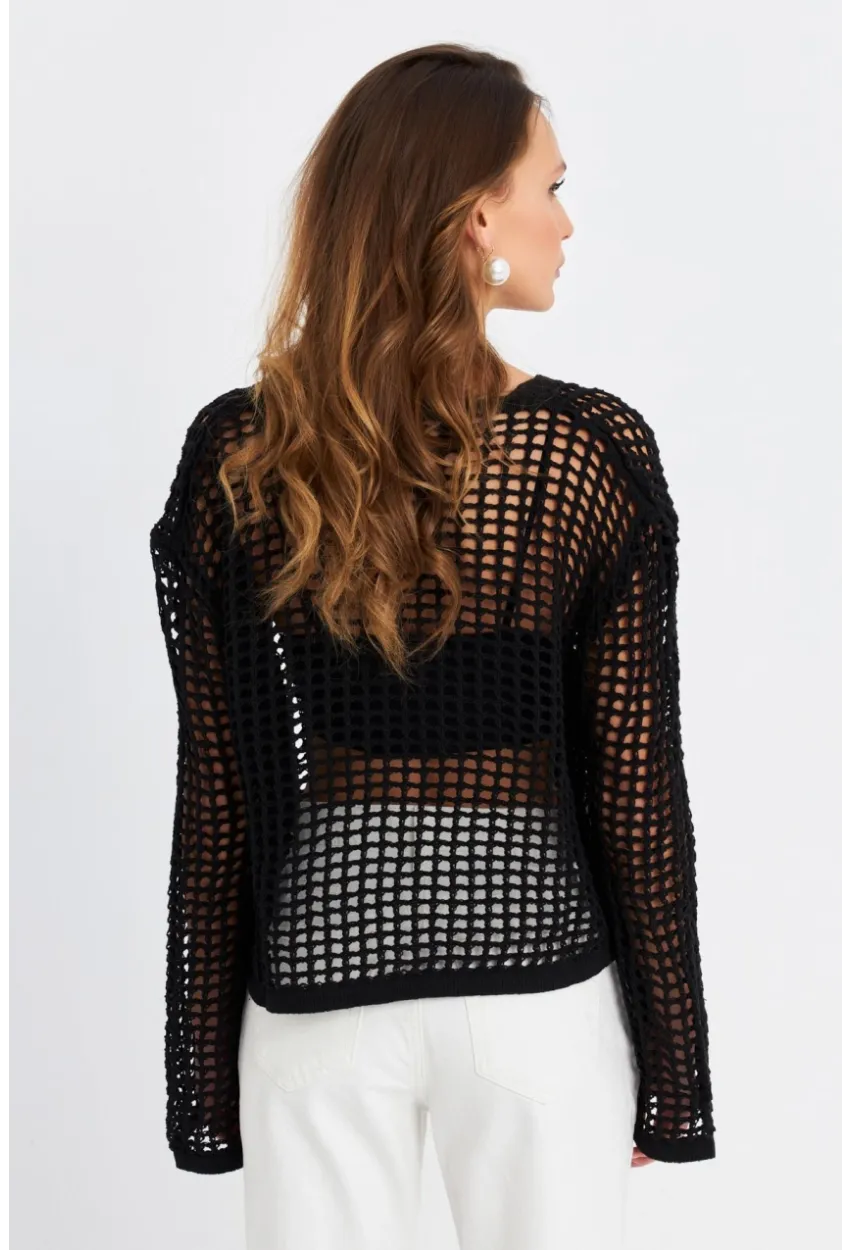 Kadın Siyah Ajurlu İspanyol Kol Hırka DS200-90