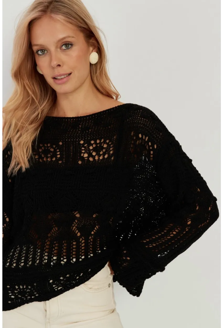 Kadın Siyah Ajurlu Triko Bluz YZ620