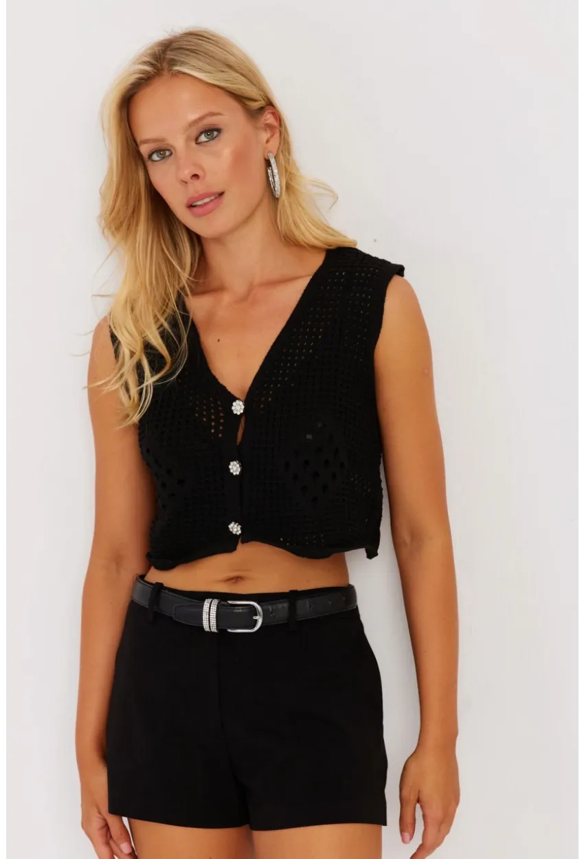 Kadın Siyah Ajurlu Triko Yelek YZ627