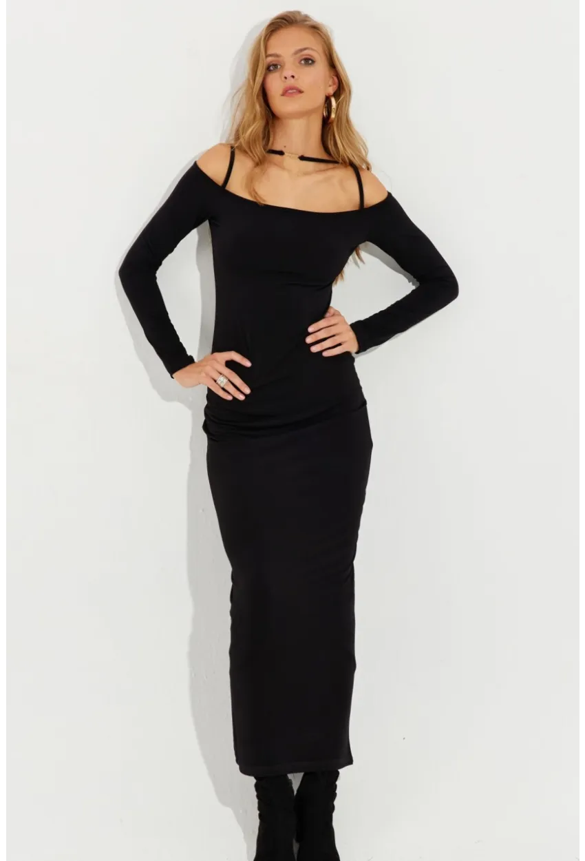 Kadın Siyah Aksesuar Detaylı Midi Elbise MEN2016