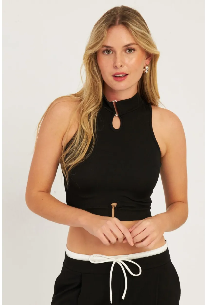 Kadın Siyah Aksesuarlı Crop Bluz CG340