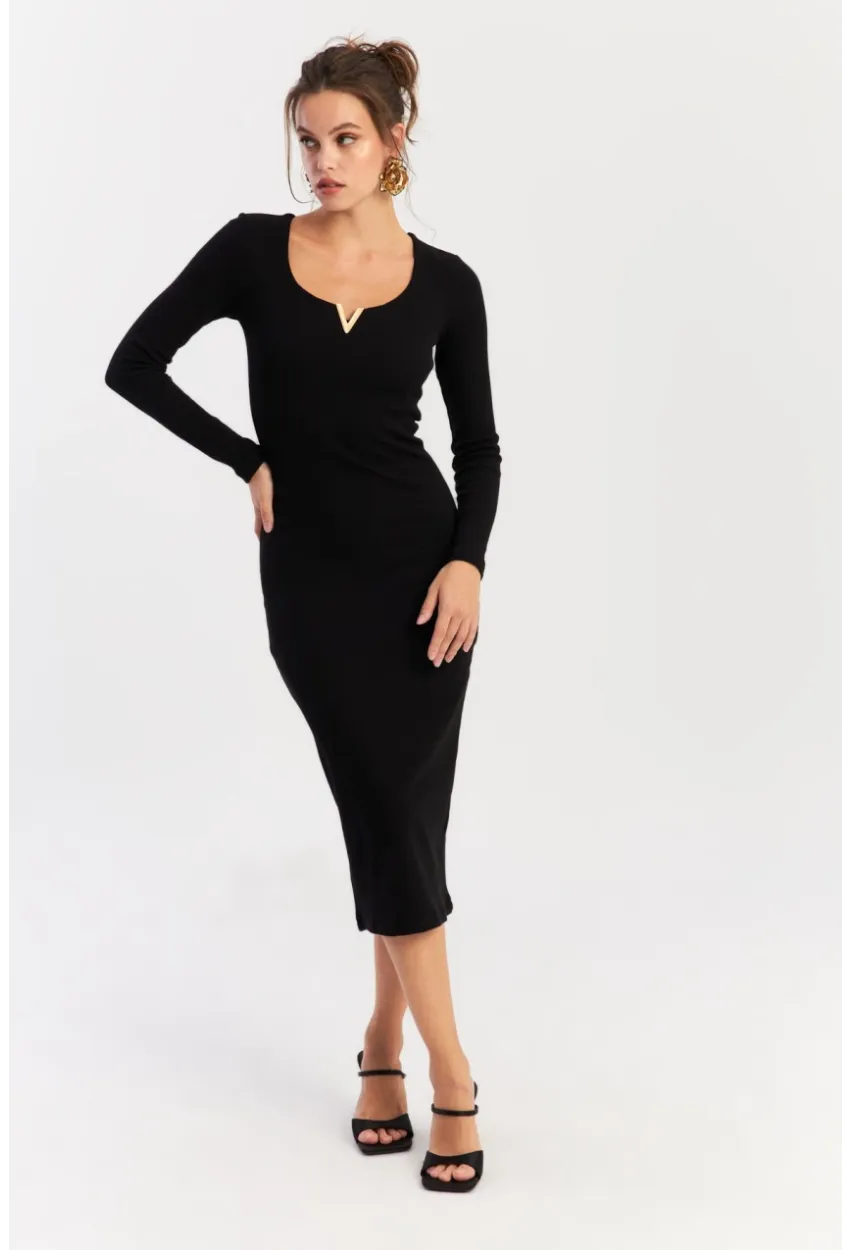 Kadın Siyah Aksesuarlı Kaşkorse Midi Elbise RLO75