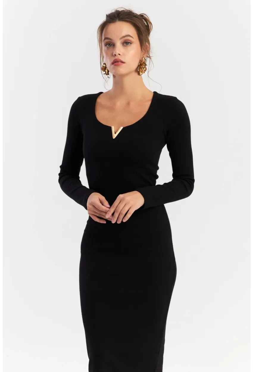 Kadın Siyah Aksesuarlı Kaşkorse Midi Elbise RLO75