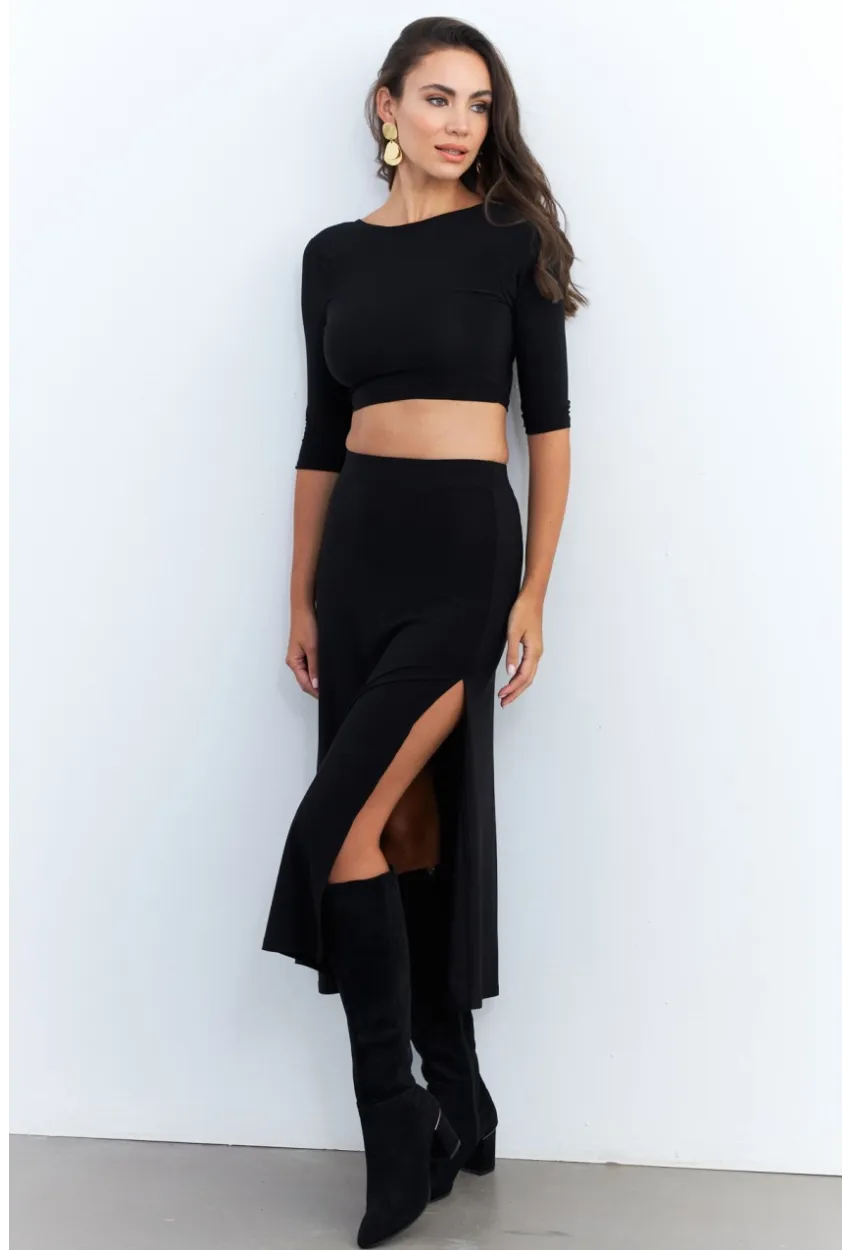 Kadın Siyah Alt Üst Crop Etek Takım ELT3844