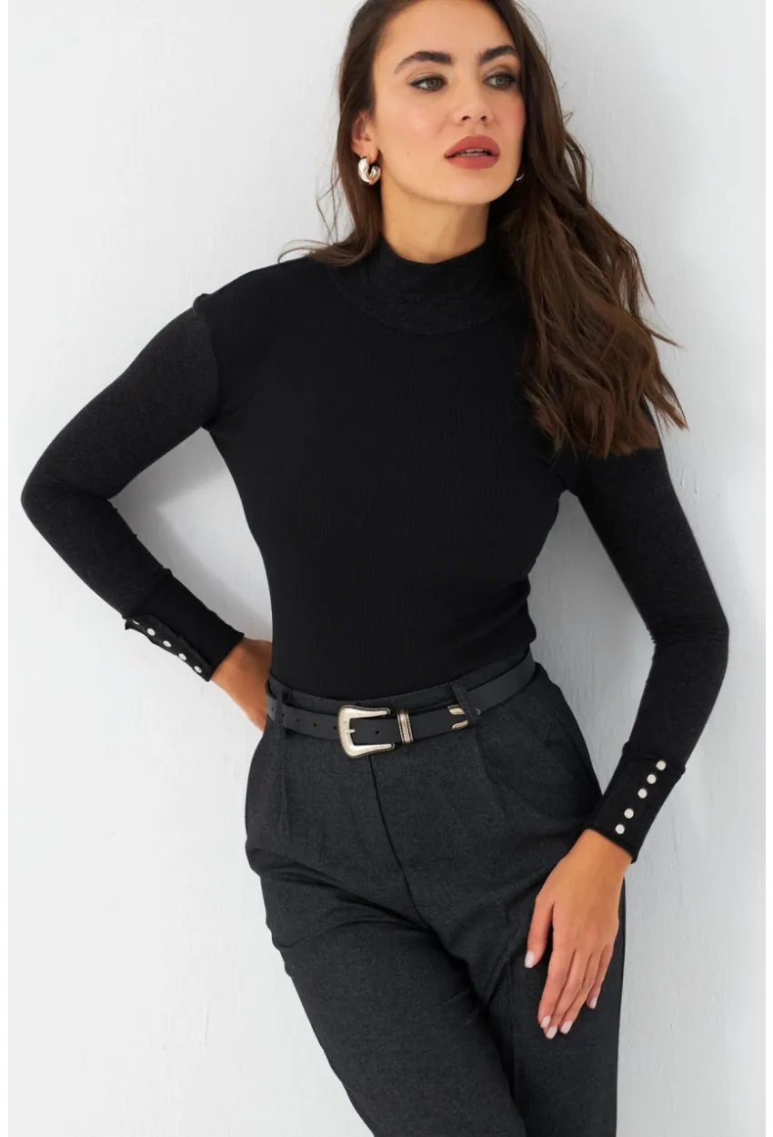 Kadın Siyah-Antrasit Kol Aksesuarlı Kaşkorse Bluz MTF44
