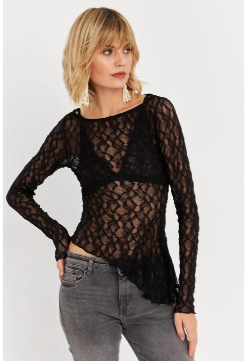 Kadın Siyah Asimetrik Dantel Bluz FS9830